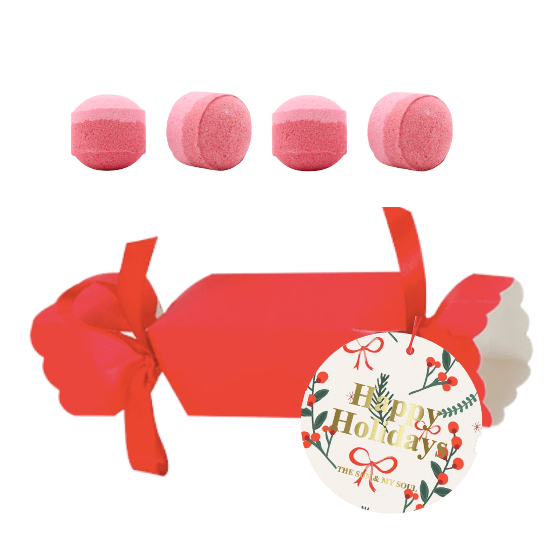 Happy Holidays Red Christmas Cracker Bath Bomb Gift – Raspberry Scent (Set of 4) - Herbalshire Handmade Herbal Products