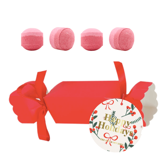 Happy Holidays Red Christmas Cracker Bath Bomb Gift – Raspberry Scent (Set of 4) - Herbalshire Handmade Herbal Products