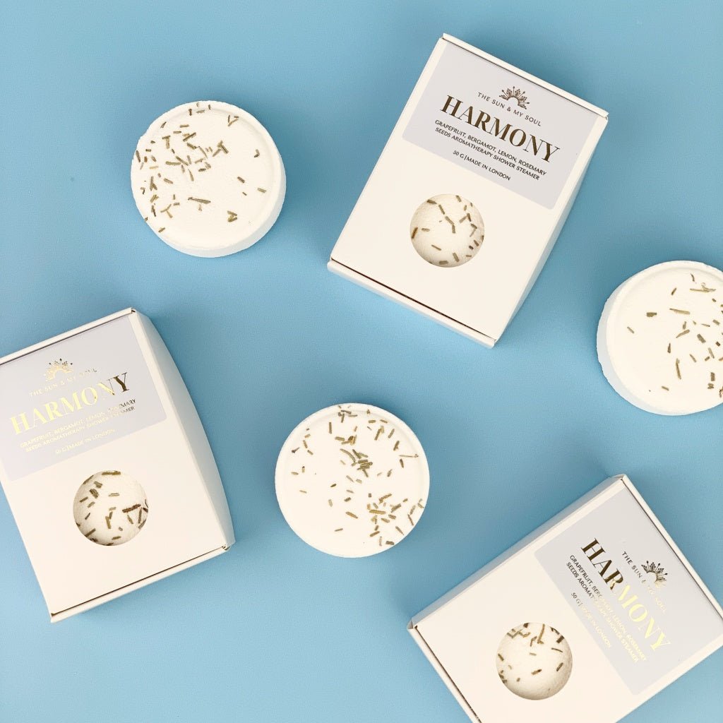 Harmony Aromatherapy Shower Steamer in Box - Grapefruit, Bergamot, Rosemary, Lemon Tea Tree and Rosemary Seeds - Herbalshire Handmade Herbal Products
