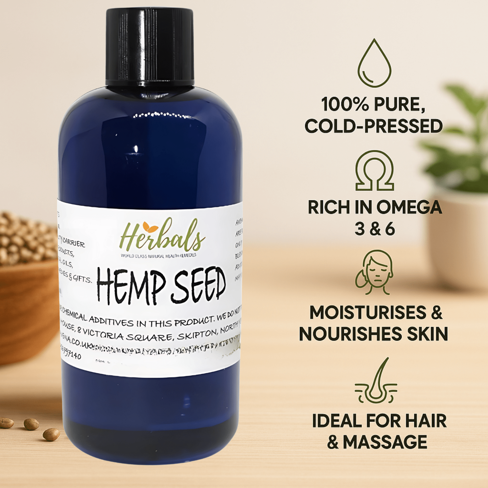 Hemp Seed Oil 100ml Cold Pressed Pure Carrier Oil Skin Hair Massage Moisturiser - Herbalshire Handmade Herbal Products