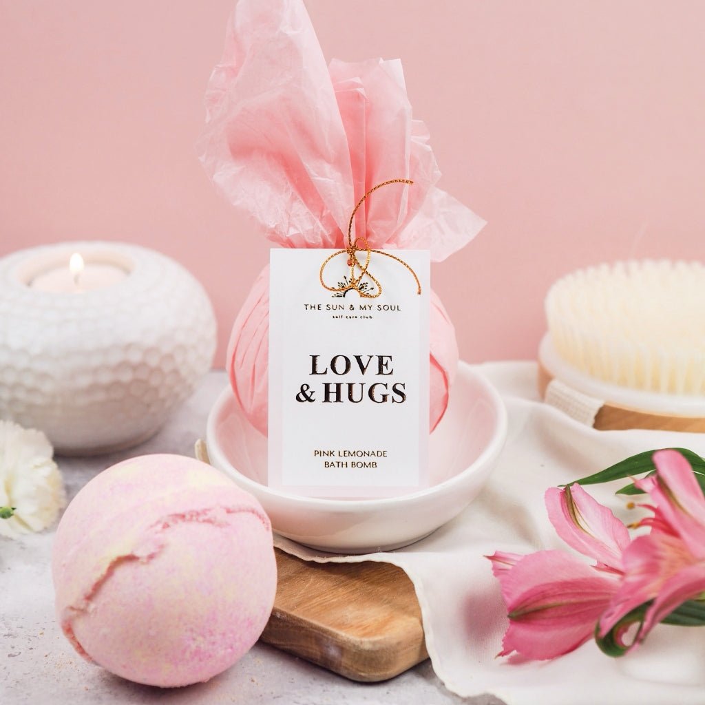 Love & Hugs - Pink Lemonade Bath Bomb Heartfelt Gift - Herbalshire Handmade Herbal Products