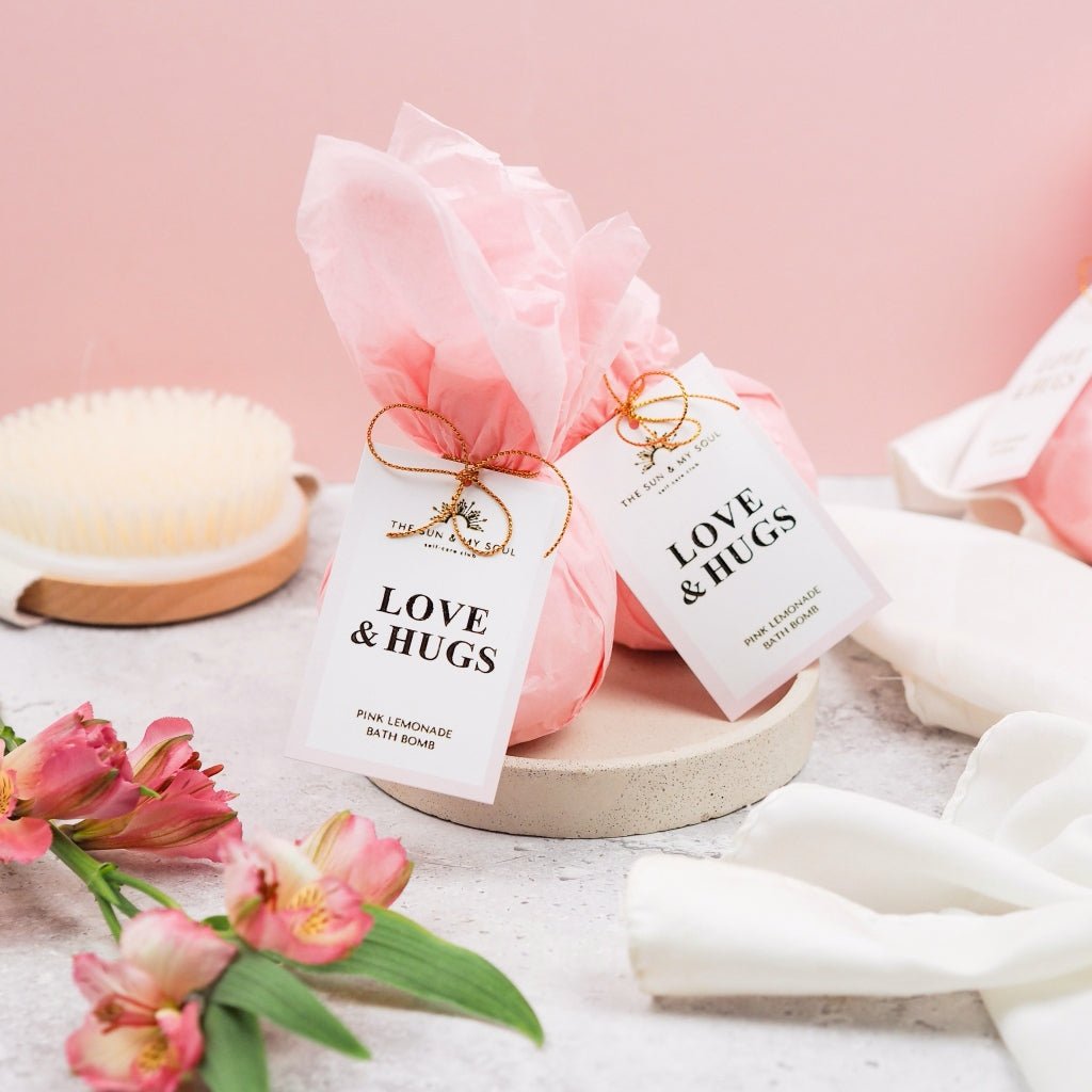 Love & Hugs - Pink Lemonade Bath Bomb Heartfelt Gift - Herbalshire Handmade Herbal Products