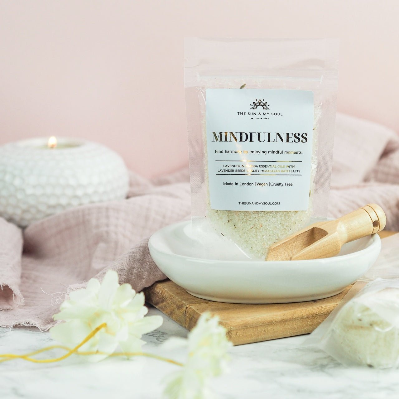 Mindfulness Luxury Himalayan Bath Salts with Lavender, Jojoba Essential Oils with Lavender Seeds - Herbalshire Handmade Herbal Products