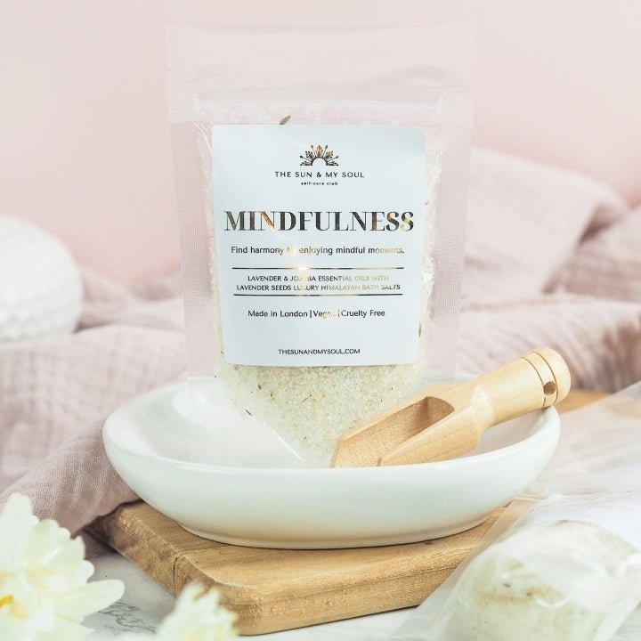 Mindfulness Luxury Himalayan Bath Salts with Lavender, Jojoba Essential Oils with Lavender Seeds - Herbalshire Handmade Herbal Products