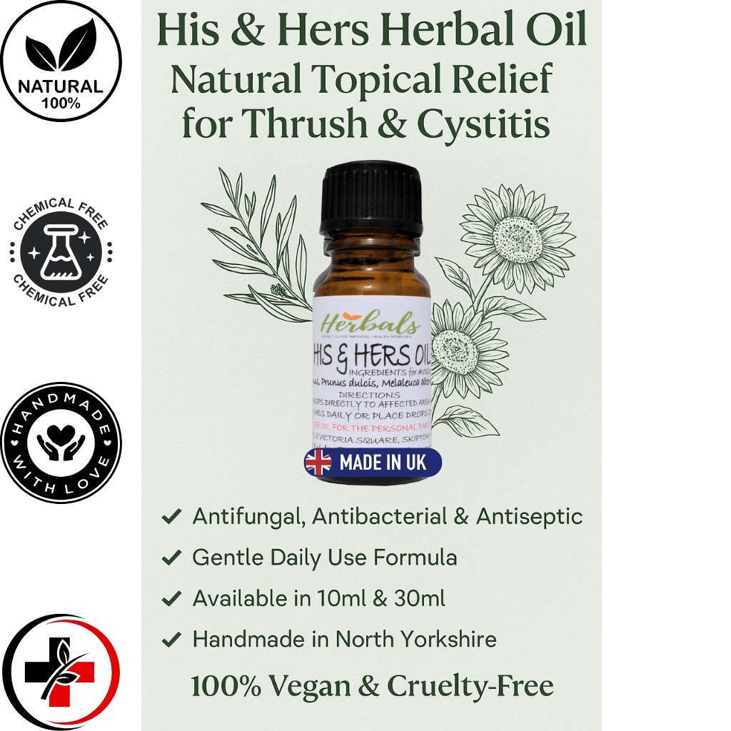 Natural Antifungal Topical Oil 10ml/30ml – Thrush, Cystitis, Candida, Yeast – Handmade in UK - Herbalshire Handmade Herbal Products