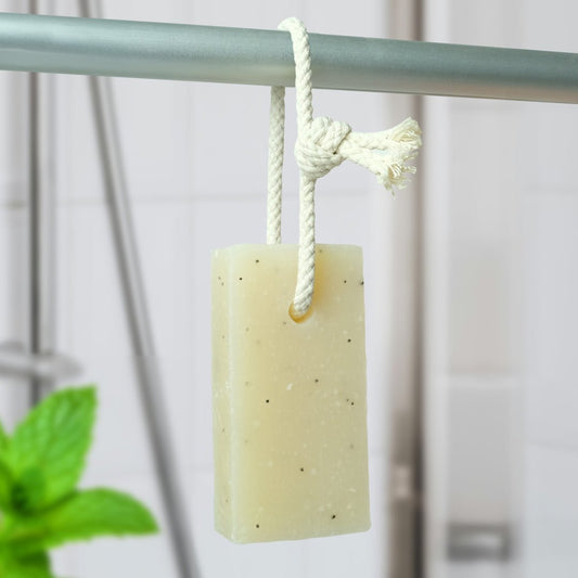 Natural Soap On A Rope - 'Fresh' Peppermint & Poppyseeds 125g - Herbalshire Handmade Herbal Products