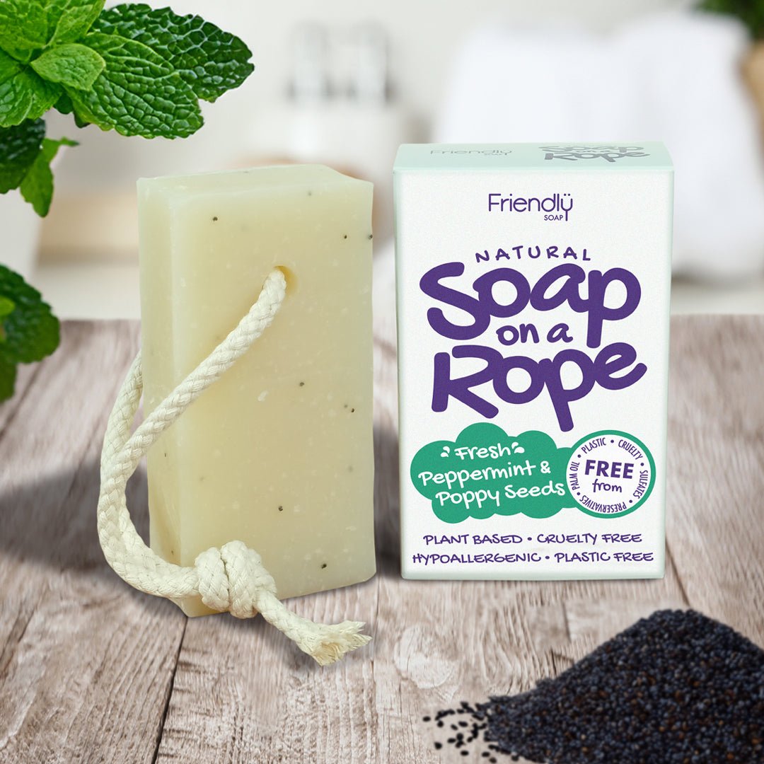 Natural Soap On A Rope - 'Fresh' Peppermint & Poppyseeds 125g - Herbalshire Handmade Herbal Products