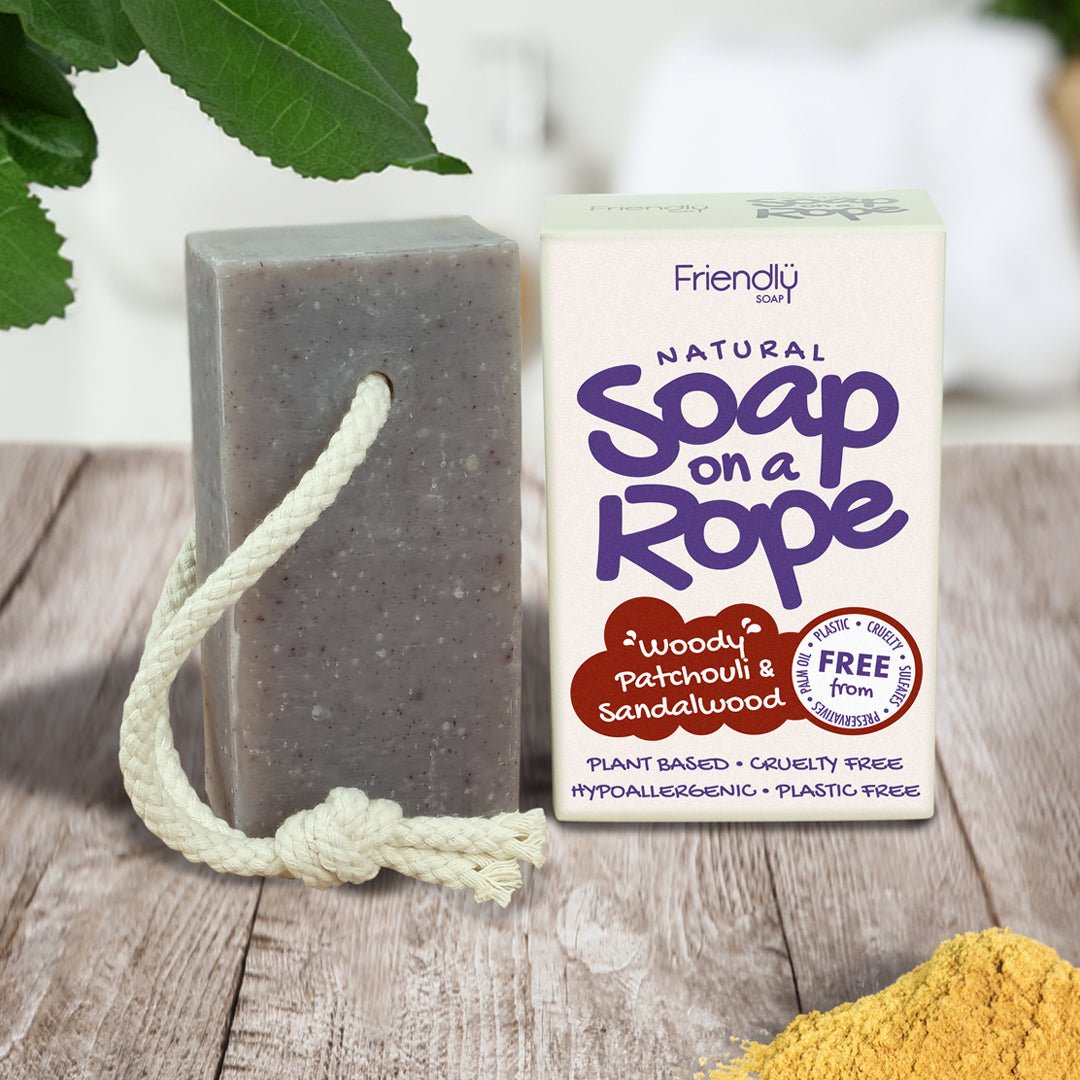 Natural Soap On A Rope - 'Woody' Patchouli & Sandalwood 125g - Herbalshire Handmade Herbal Products