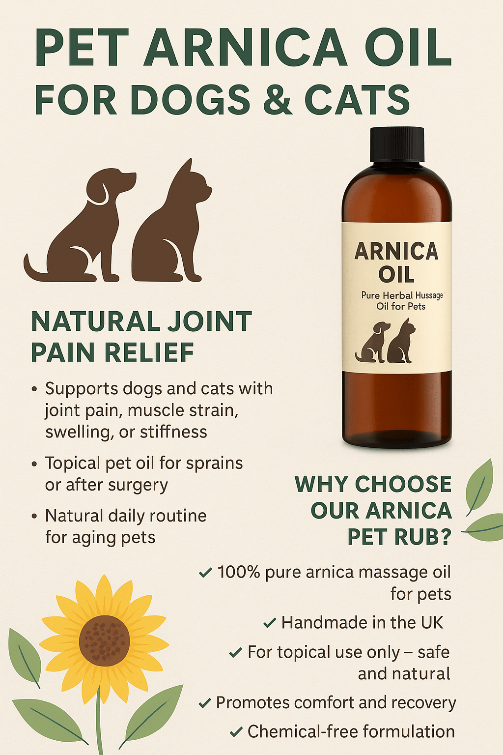 Oil Of Arnica Oil For Dogs & Cats For Bruises Strained Joints Muscles Ligaments - Herbalshire Handmade Herbal Products