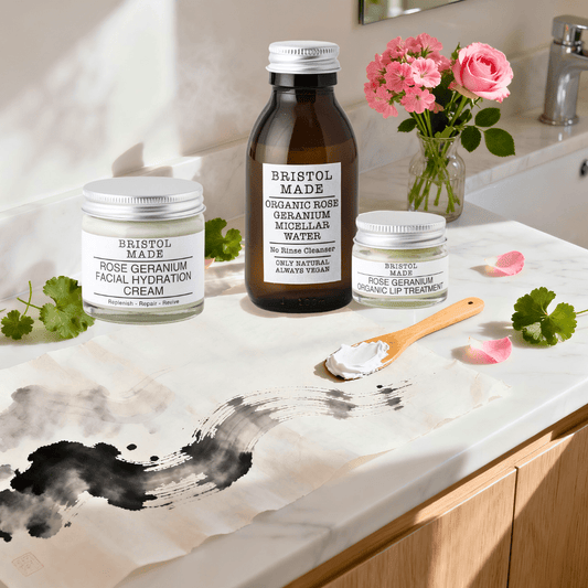 Organic Rose Geranium Skincare Set | Vegan & Zero Waste Facial Kit - Herbalshire Handmade Herbal Products