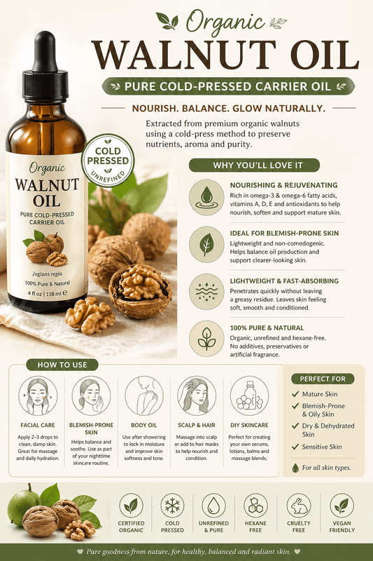 Organic Walnut Oil | Pure Cold - Pressed Carrier Oil for Mature & Acne - Prone Skin - Herbalshire Handmade Herbal Products