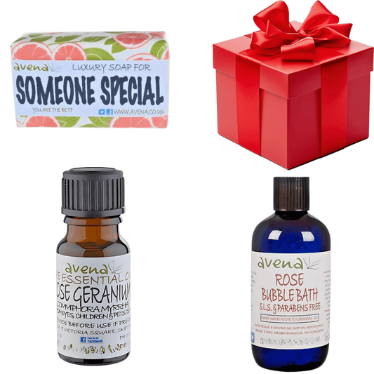 Pamper Me Gift Box – Rose Bubble Bath, Geranium Essential Oil & Soap Gift - Herbalshire Handmade Herbal Products