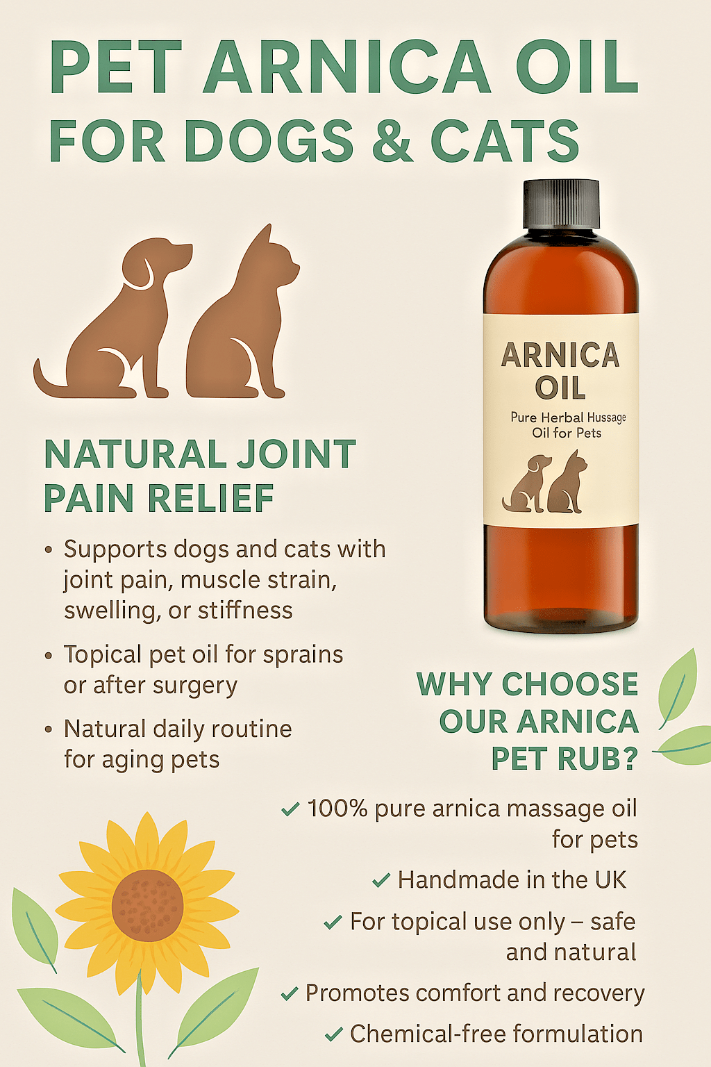 Pet Arnica Oil Natural Herbal Massage Oil for Dogs & Cats Handmade in Yorkshire - Herbalshire Handmade Herbal Products