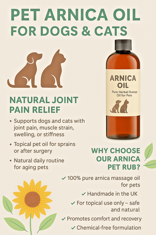 Pet Arnica Oil Natural Herbal Massage Oil for Dogs & Cats Handmade in Yorkshire - Herbalshire Handmade Herbal Products