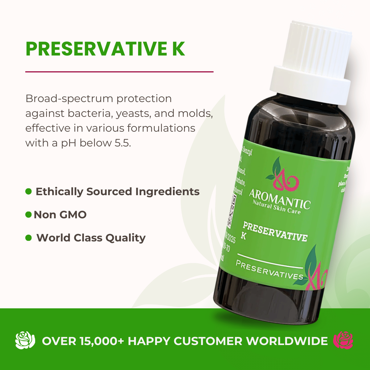 Bottle of Aromantic Preservative K with product details on a white background