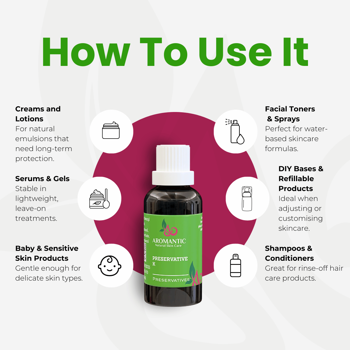 Bottle of Aromatic Natural Care preservative with usage instructions on a white background