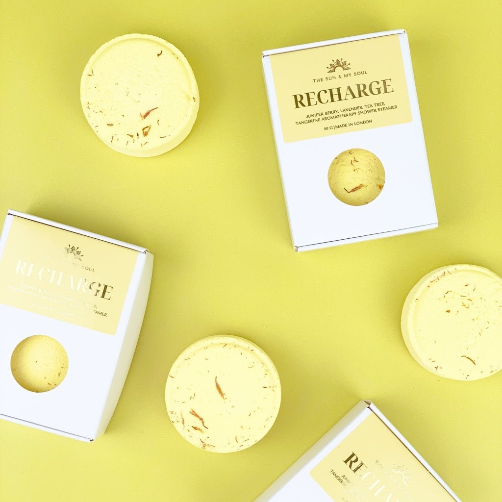 Recharge Aromatherapy Shower Steamer in Box - Juniper Berry, Lavender, Tea Tree, Tangerine and Safflower Petals - Herbalshire Handmade Herbal Products