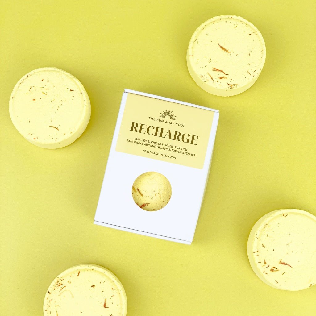 Recharge Aromatherapy Shower Steamer in Box - Juniper Berry, Lavender, Tea Tree, Tangerine and Safflower Petals - Herbalshire Handmade Herbal Products