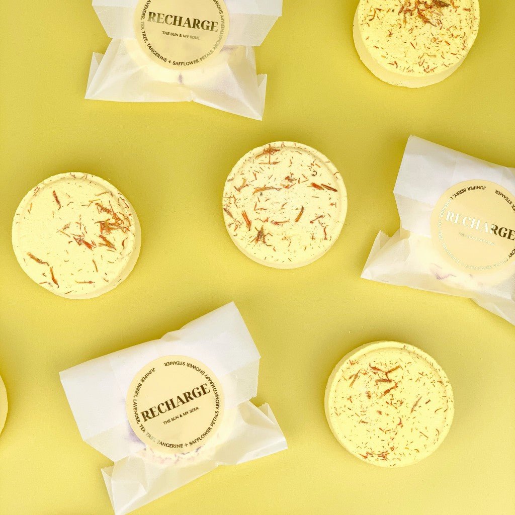 Recharge Aromatherapy Shower Steamer Sample - Juniper Berry, Lavender, Tea Tree, Tangerine and Safflower Petals - Herbalshire Handmade Herbal Products