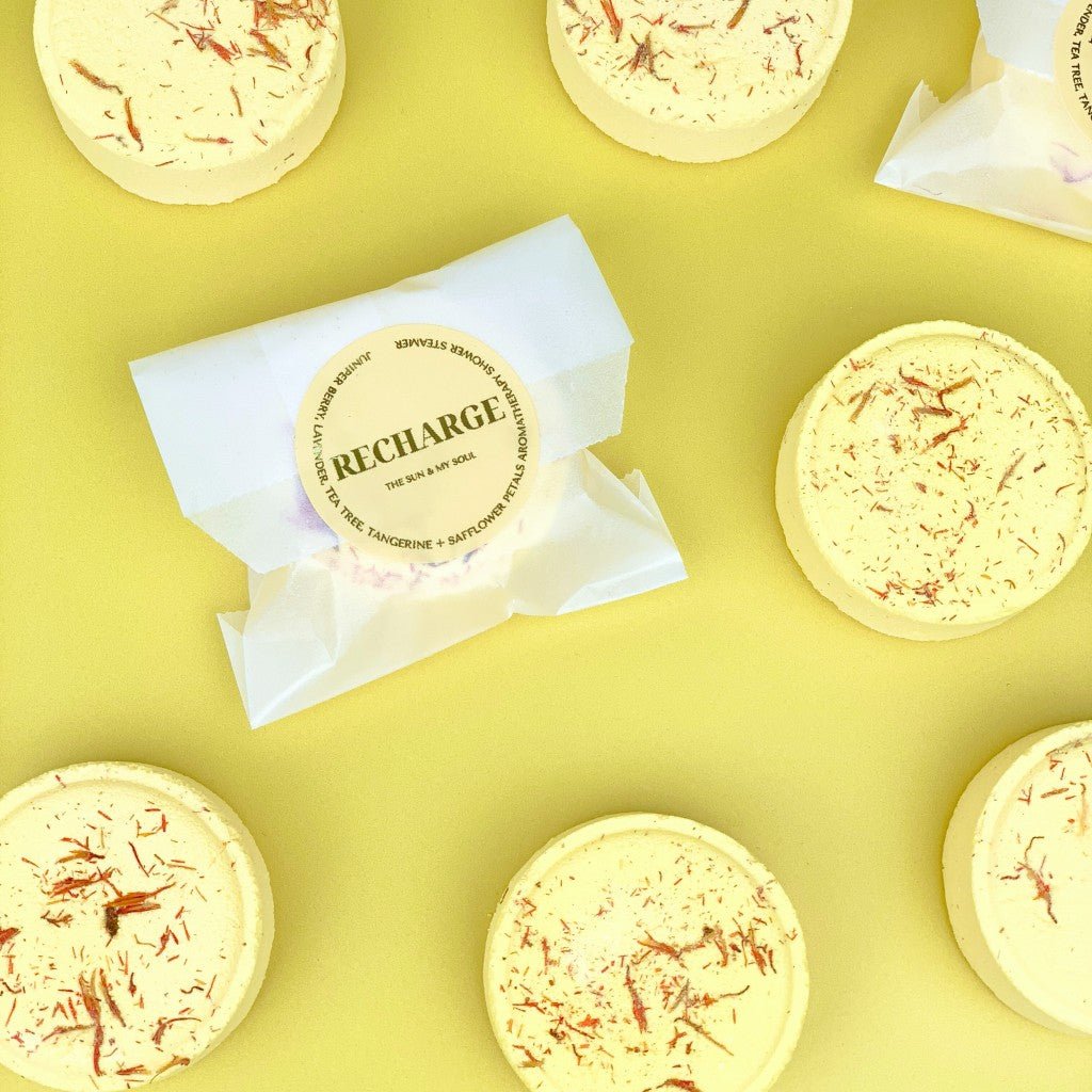 Recharge Aromatherapy Shower Steamer Sample - Juniper Berry, Lavender, Tea Tree, Tangerine and Safflower Petals - Herbalshire Handmade Herbal Products