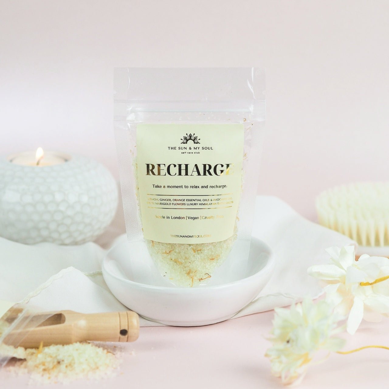 Recharge Luxury Himalayan Bath Salts with Lemon, Ginger, Orange Essential Oils, Avocado Oil with Marigold Flowers - Herbalshire Handmade Herbal Products