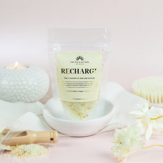 Recharge Luxury Himalayan Bath Salts with Lemon, Ginger, Orange Essential Oils, Avocado Oil with Marigold Flowers - Herbalshire Handmade Herbal Products
