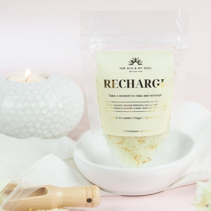 Recharge Luxury Himalayan Bath Salts with Lemon, Ginger, Orange Essential Oils, Avocado Oil with Marigold Flowers - Herbalshire Handmade Herbal Products