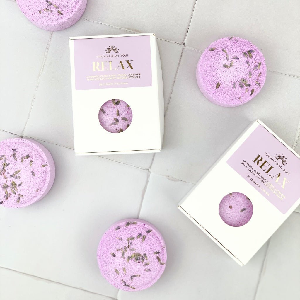 Relax Aromatherapy Shower Steamer in Box - Clary Sage, Lemon, Lavender and Lavender Seeds - Herbalshire Handmade Herbal Products