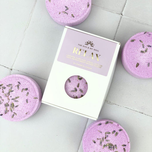 Relax Aromatherapy Shower Steamer in Box - Clary Sage, Lemon, Lavender and Lavender Seeds - Herbalshire Handmade Herbal Products