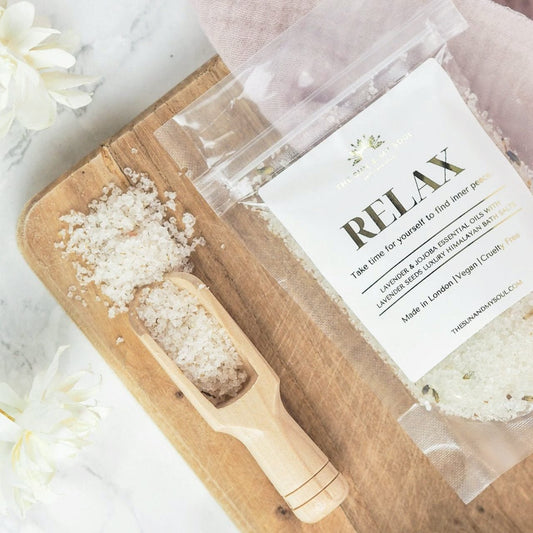 Relax Luxury Himalayan Bath Salts with Lavender, Jojoba Essential Oils with Lavender Seeds - Herbalshire Handmade Herbal Products