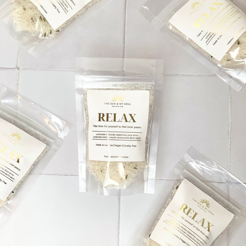 Relax Luxury Himalayan Bath Salts with Lavender, Jojoba Essential Oils with Lavender Seeds - Herbalshire Handmade Herbal Products