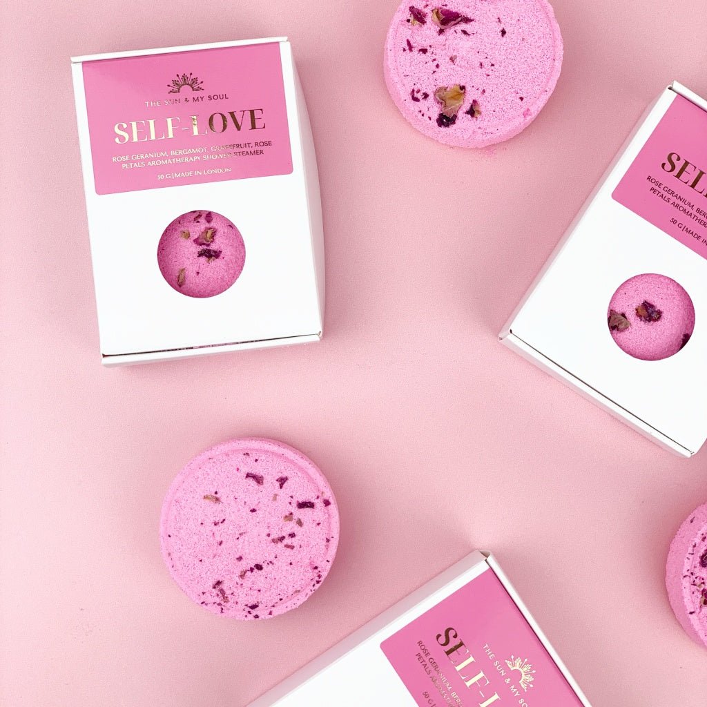 Self - love Aromatherapy Shower Steamer in Box - Rose Geranium, Black Pepper, Bergamot, Grapefruit and Rose Petals - Herbalshire Handmade Herbal Products