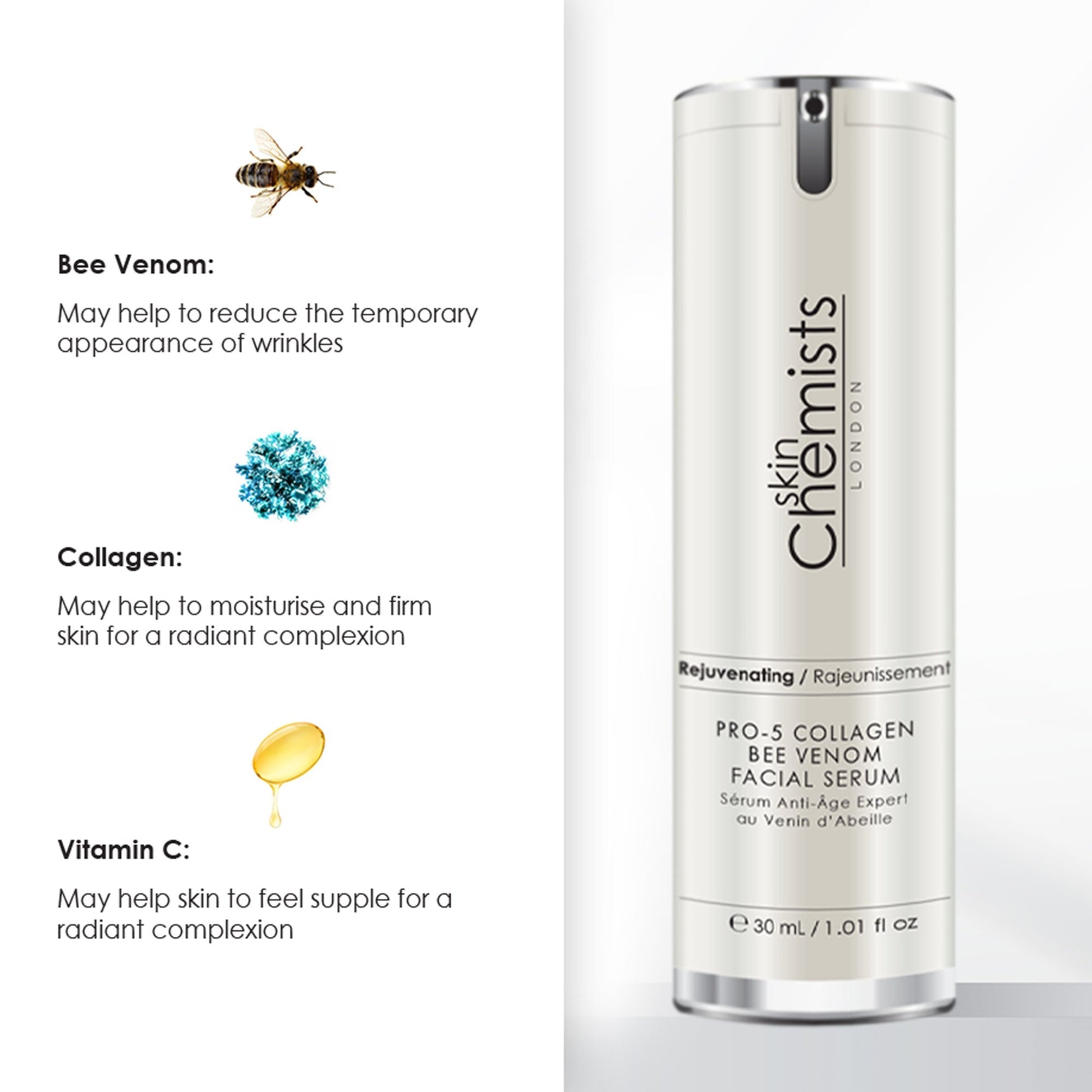 skinChemists Pro - 5 Collagen Bee Venom Facial Serum 30ml - Herbalshire Handmade Herbal Products