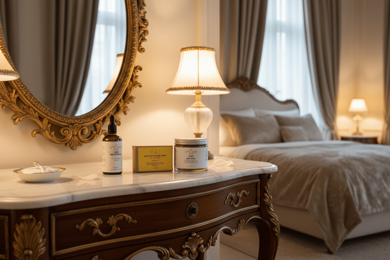 STAREST Radiant Skin Trio Gift Set | Organic Glow Oil, Body Scrub & African Black Soap - Herbalshire Handmade Herbal Products