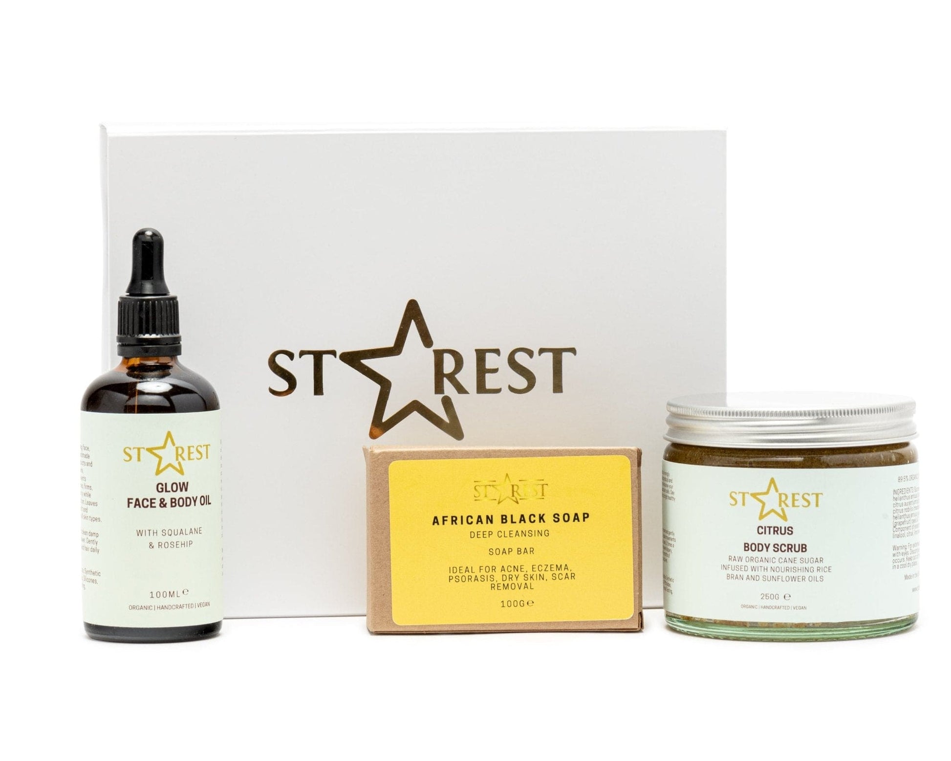 STAREST Radiant Skin Trio Gift Set | Organic Glow Oil, Body Scrub & African Black Soap - Herbalshire Handmade Herbal Products