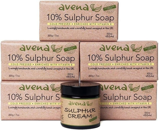Sulphur Soap 5 - Pack (200g each) & Cream Vitamin E Enriched Vegan Acne Eczema - Herbalshire Handmade Herbal Products