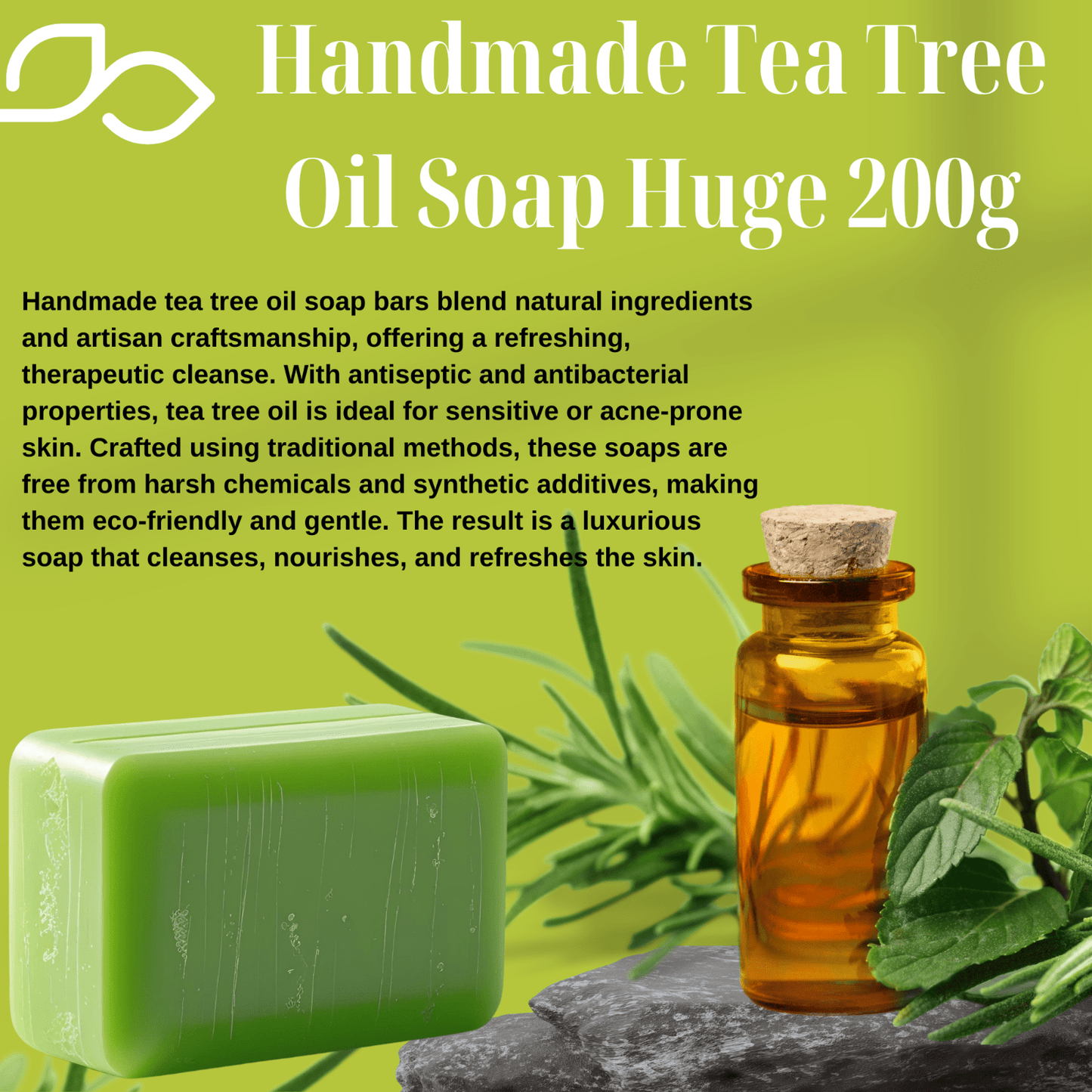 Tea Tree Oil Soap Bar 200g – Natural Handmade Acne Cleanser – UK Vegan Soap - Herbalshire Handmade Herbal Products