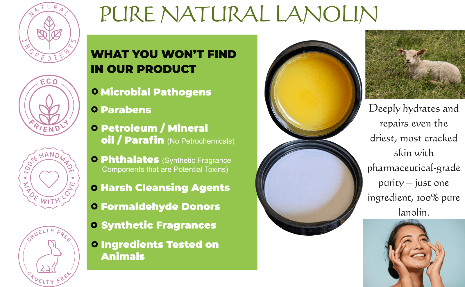 Ultra - Pure Lanolin Cream Balm Pharmaceutical Grade Moisturiser Dry Cracked Skin - Herbalshire Handmade Herbal Products