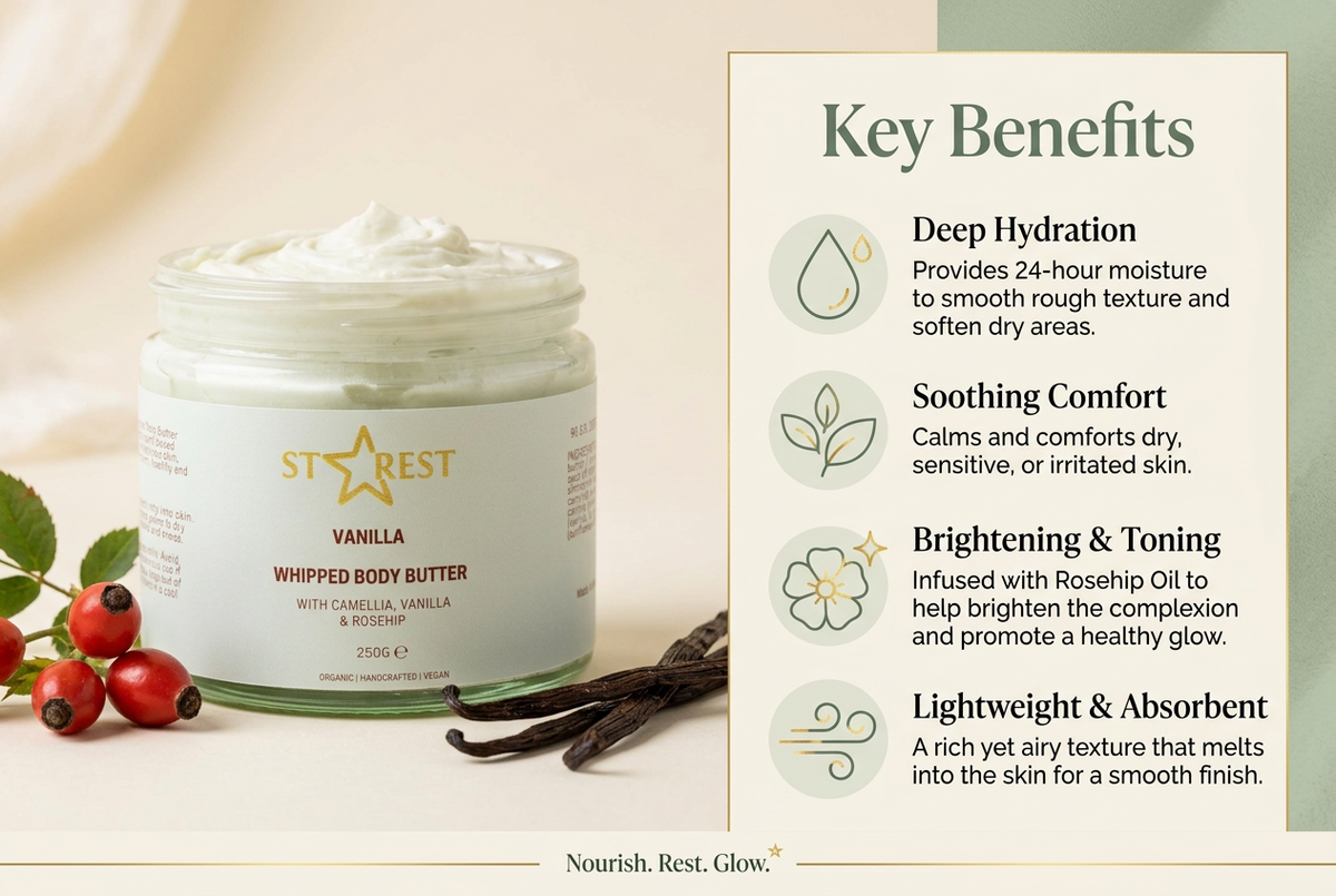 A jar of Star Rest Vanilla Whipped Body Butter is shown on a warm beige background with vanilla beans and berries, alongside a text panel listing key benefits like deep hydration, soothing comfort, brightening & toning, and lightweight absorbency.