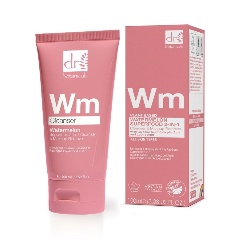 Watermelon Superfood 2 - in - 1 Cleanser & Makeup Remover with Glycolic Acid, Salicylic Acid and Lactic Acid 100ml - Herbalshire Handmade Herbal Products