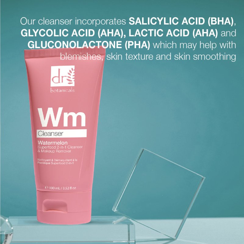 Watermelon Superfood 2 - in - 1 Cleanser & Makeup Remover with Glycolic Acid, Salicylic Acid and Lactic Acid 100ml - Herbalshire Handmade Herbal Products