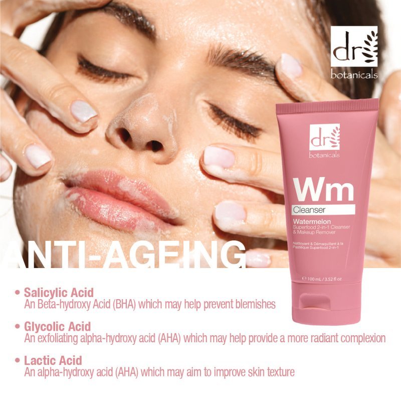 Watermelon Superfood 2 - in - 1 Cleanser & Makeup Remover with Glycolic Acid, Salicylic Acid and Lactic Acid 100ml - Herbalshire Handmade Herbal Products