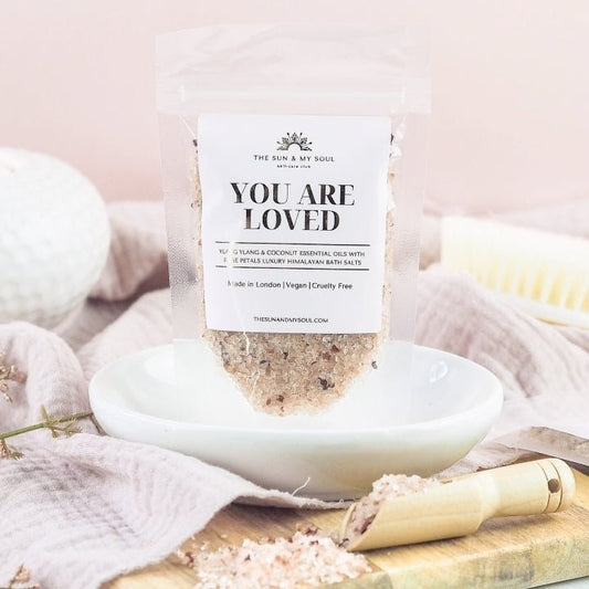 You Are Loved Luxury Himalayan Bath Salts with Ylang Ylang, Coconut Essential Oils with Rose Petals - Herbalshire Handmade Herbal Products