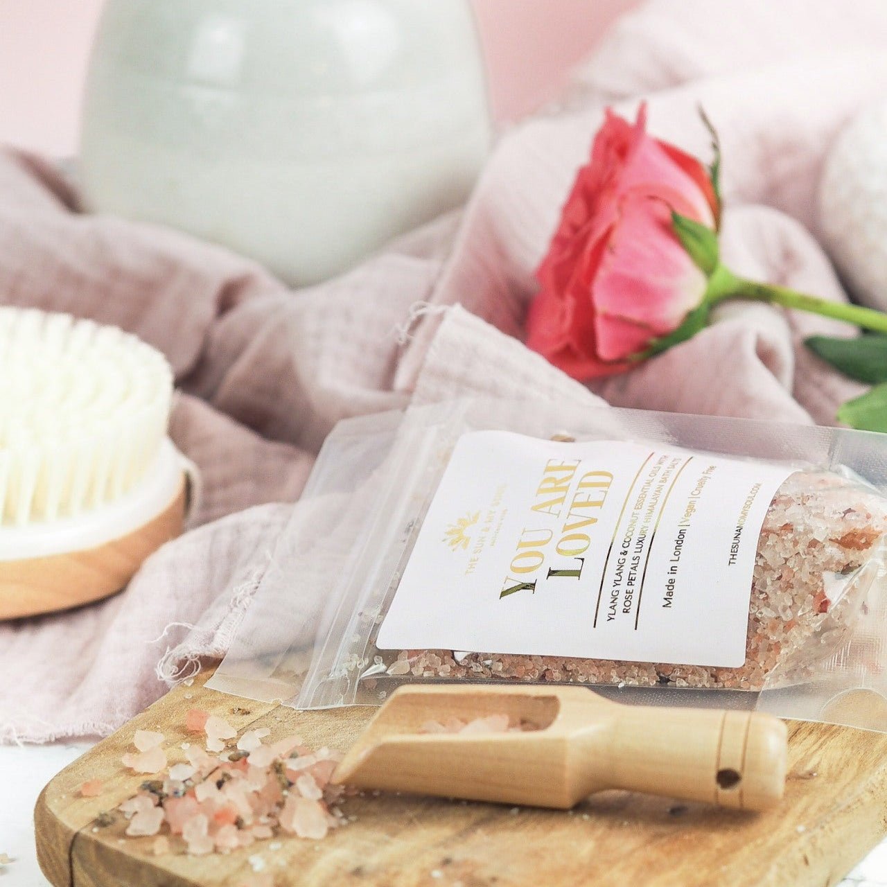 You Are Loved Luxury Himalayan Bath Salts with Ylang Ylang, Coconut Essential Oils with Rose Petals - Herbalshire Handmade Herbal Products